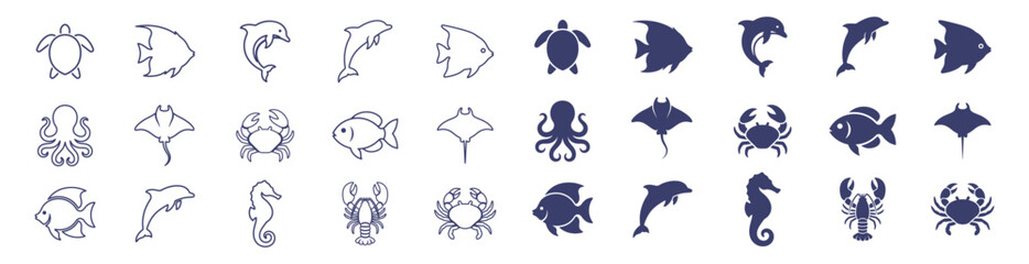 sea animal silhouette icons set including turtle dolphin fish octopus stingray crab lobster seahorse on transparent background © gerik_a