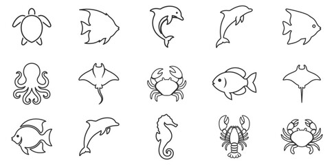 set of marine animals line icons including fish turtle dolphin octopus ray crab seahorse lobster on transparent background © gerik_a