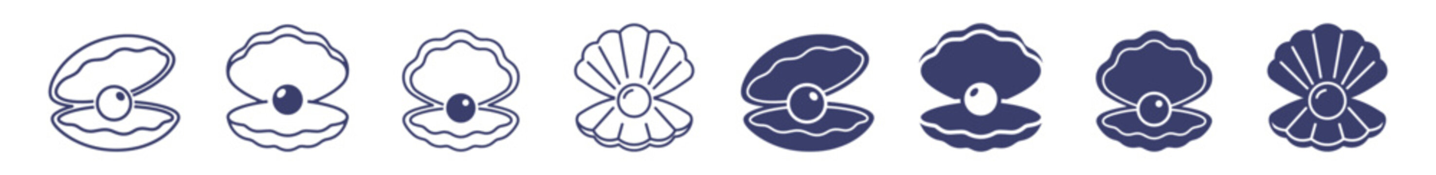 set of oyster shell icons with pearls in line style and filled style on transparent background