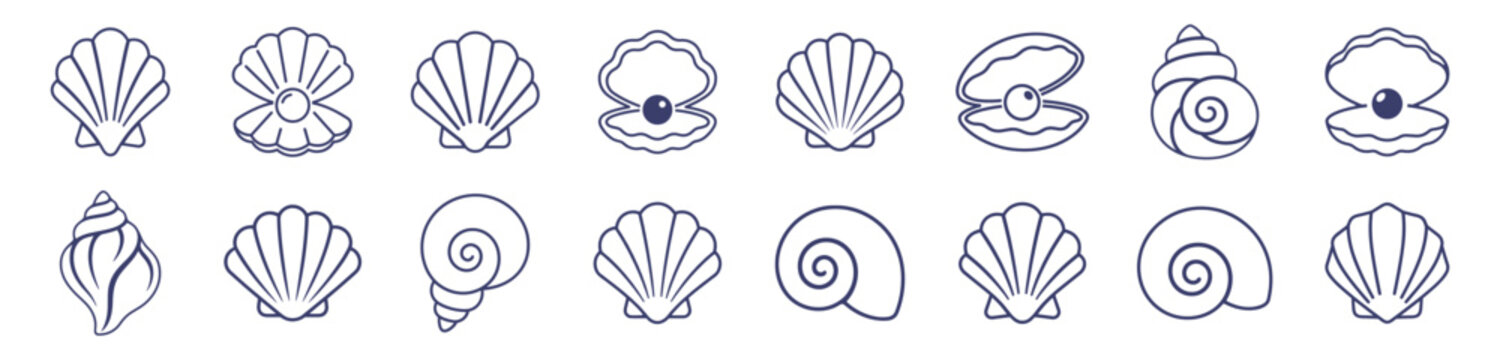 set of seashell line icons collection with pearl shell and spiral shell vector illustration on transparent background