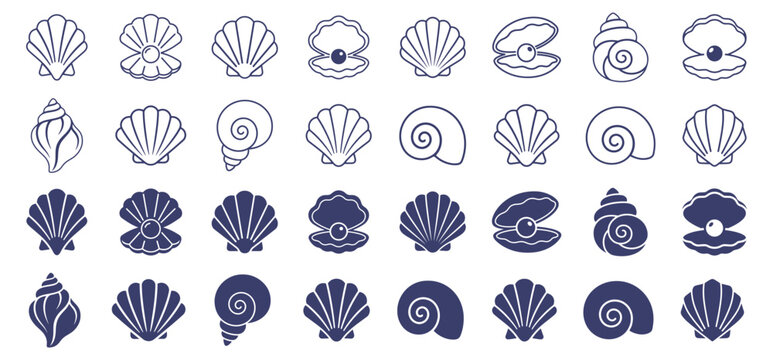 Set of seashell icons in outline and solid styles, pearl shell and spiral shell illustrations, marine and ocean sea life symbols on transparent background