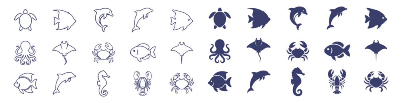 sea animal silhouette icons set including turtle dolphin fish octopus stingray crab lobster seahorse on transparent background