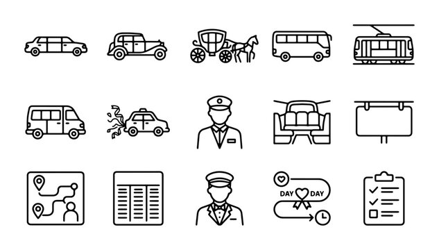 Transportation Icons Set: Vintage Cars, Modern Vehicles, Cabs, Drivers, and Route Planning Vector Graphics