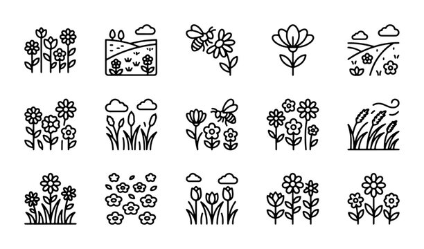 Nature Icons, Floral Elements, Spring Flowers, Bee Illustrations, Landscape Scenes, Vector Set