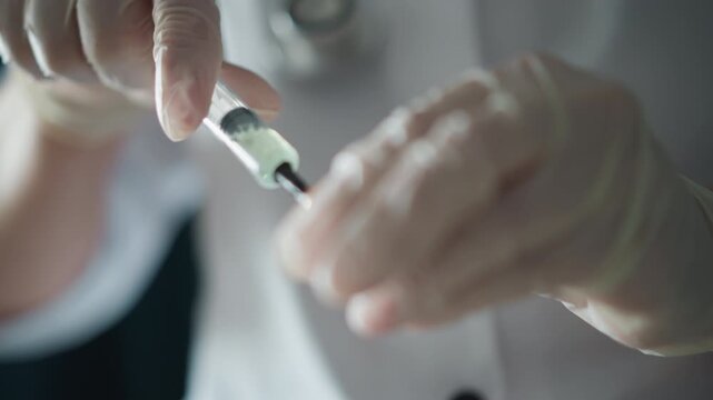 Paramedics drawing lifesaving medication. Closeup of EMT skillfully readying medication in rescue setting. Emergency responder precisely drawing medication with focus and urgency to save life