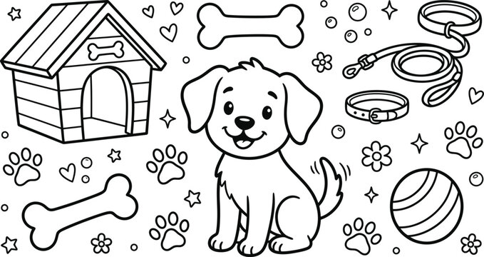 Cute Puppy Dog Coloring Page for Kids Pet House Bone Toy Vector Line Art Set