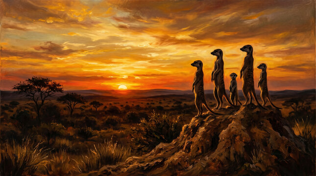 An oil painting of five meerkats on a termite mound at sunset, silhouetted against a vibrant orange and gold Kalahari sky.