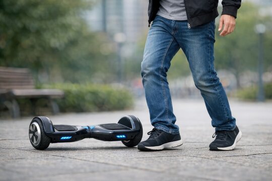 A person holding onto a hoverboard on a city sidewalk, ready for takeoff