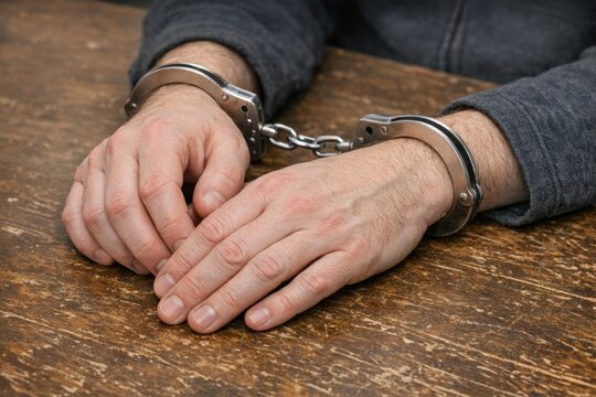 A person sits at a table with handcuffs on their hands, ready for an interrogation or legal proceedings