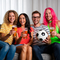 Obraz premium Friends cheering, watching soccer game, drinking beer, having fun