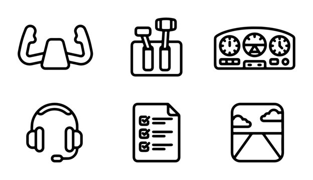 Airplane Cockpit Icons: Yoke, Throttle, Dashboard, Headset, Checklist, Window View