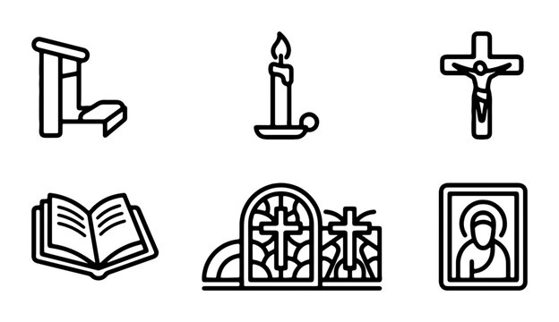 Christianity Icons Set: Prayer Kneeler, Candle, Crucifix, Bible, Altar, Icon