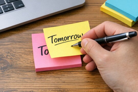 A person holding a sticky note with 'tomorrow' written, ideal for planning and organization uses