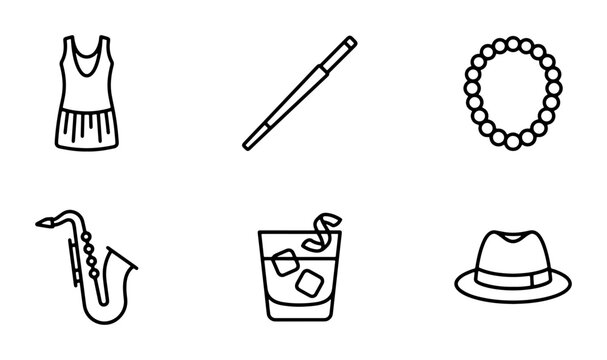 Retro 1920s Icons: Flapper Dress, Saxophone, Cocktail, Fedora, Necklace, Cigarette Holder