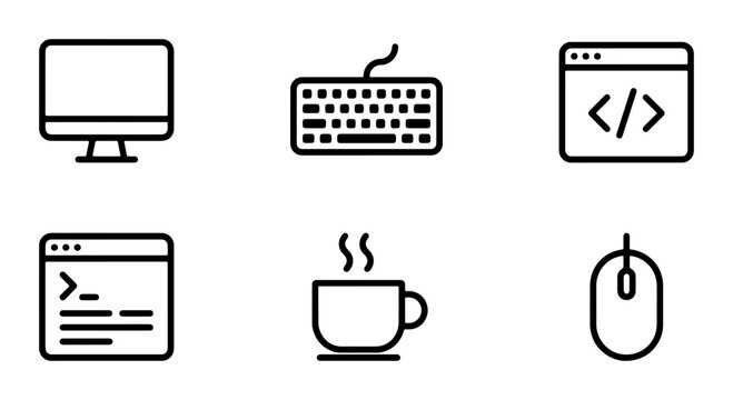 Computer, Keyboard, Code Window, Terminal, Coffee Cup, Mouse Icons: Technology Set