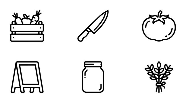 Farm Fresh Produce Icons: Crate, Knife, Tomato, Sign, Jar, Wheat Bundle Vector Graphics