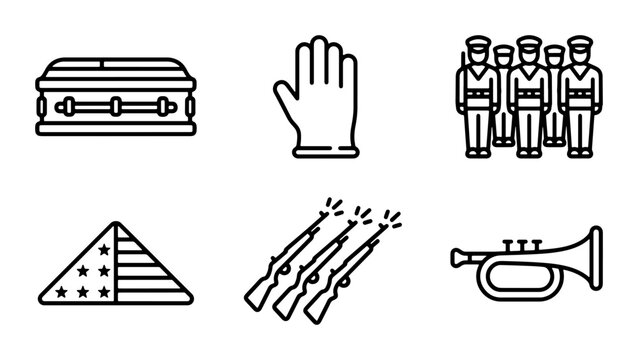 Funeral Icons Set: Coffin, Glove, Soldiers, Flag, Rifles, Bugle, Military Ceremony