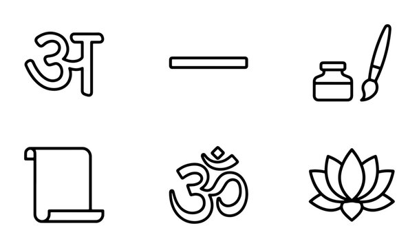 Devanagari Script, Om Symbol, Lotus Flower Icons: Spiritual & Artistic Elements Set