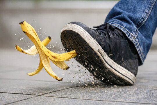 A person's foot slips on a banana peel, capturing the moment of surprise and embarrassment