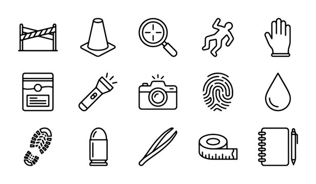 Crime Scene Investigation Icons, Forensics Vector Set, Detective Tools, Evidence Collection Graphics