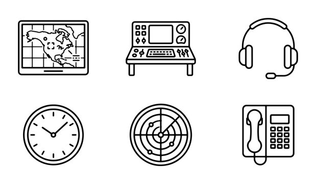 Control Room Icons: Radar, Map, Console, Clock, Headset, Phone Vector Set