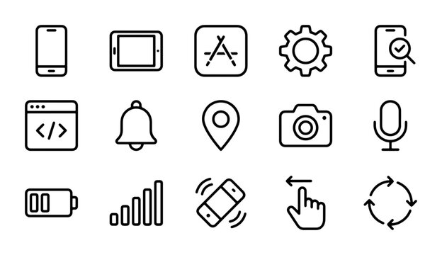 Mobile App Interface Icons, Technology Symbols, UI Elements, Vector Graphics Set