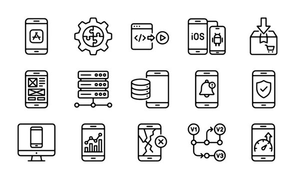 Mobile App Development Icons, UI UX Design Elements, Technology Workflow Set