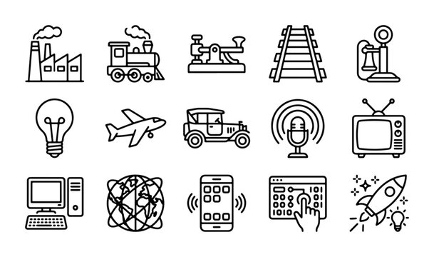 Vintage Technology Icons: Factory, Train, Airplane, Car, Computer, Rocket, TV, 15 Retro Icons