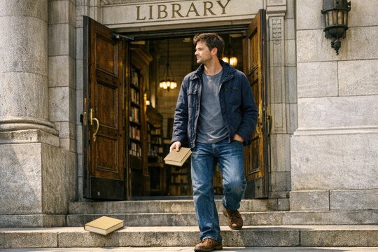 A person walking down the steps of a public library, possibly going or coming from a research session or book borrowing
