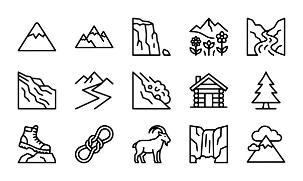 Mountain Landscape Icons Set: Nature, Adventure, Outdoor Activities, Travel, Geology
