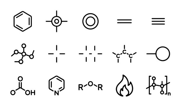 Chemistry Icons Set: Molecular Structures, Bonds, and Formulas for Science Education