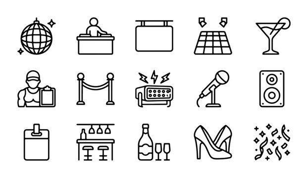 Nightclub Icons Set: Disco Ball, DJ, Bar, Dance Floor, Cocktail, VIP, Microphone, Speaker, Heels, Confetti