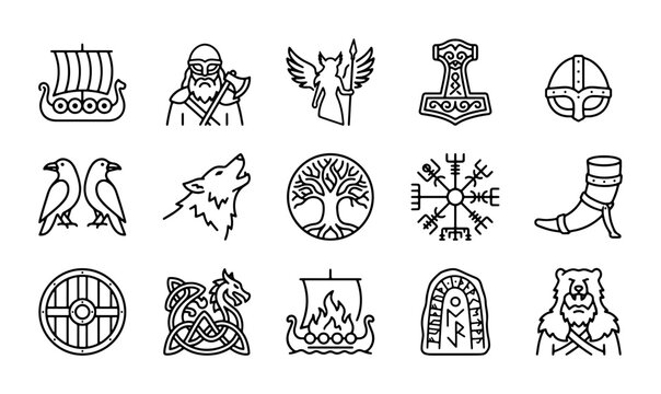 Norse Viking Icons Set, Scandinavian Symbols, Ancient Mythology Vector Collection