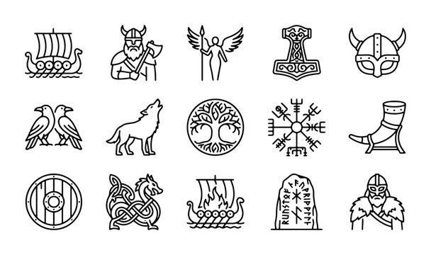 Viking Icons Set, Norse Mythology Symbols Collection, Ancient Warrior Graphics, Scandinavian Culture Elements