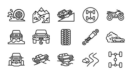 Off-Road Vehicle Icons, 4x4 Adventure Set, Extreme Terrain Driving Graphics © Saiful