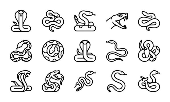 Snake Icons Vector Set: Reptile Line Art Collection for Wildlife and Danger Graphics