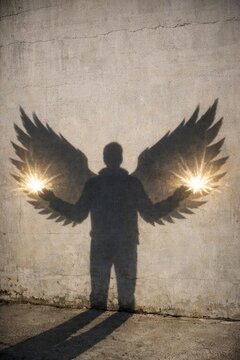 A mysterious design featuring the outline of a winged figure on a wall, perfect for use in fantasy or horror-themed designs