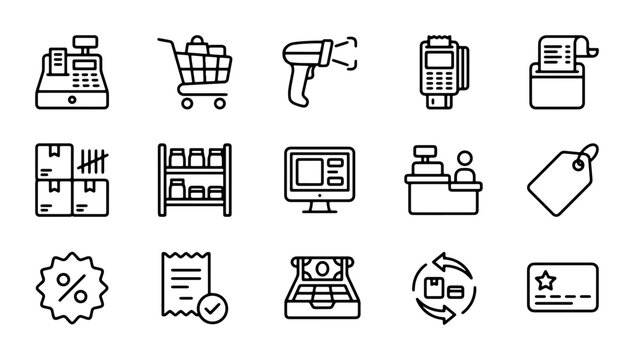 Retail Icons Set: Cash Register, Shopping Cart, Barcode Scanner, POS Machine, Receipt, Tag
