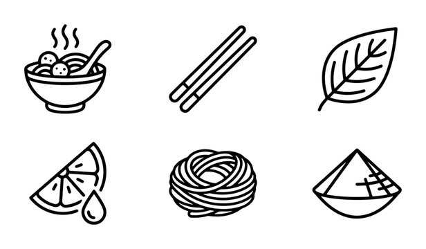Asian Food Icons, Vietnamese Cuisine Vector Set, Pho Ingredients, Noodles, Chopsticks, Lime, Herb