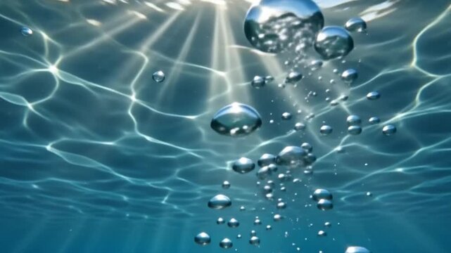 Underwater sunlight on water surface with bubbles.