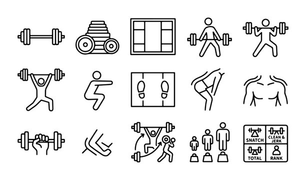 Weightlifting Icons Set, Fitness Equipment & Exercise Graphics, Strength Training Vector Collection