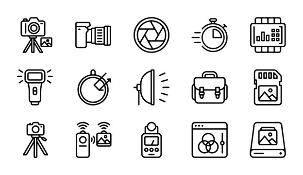 Photography Icons Set, Camera Gear Vector Graphics, Digital Imaging Tools Collection