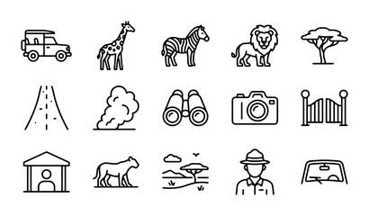 Safari Icons Set: Wildlife, Vehicle, Ranger, Camera, Binoculars, Landscape, Gate © Imran