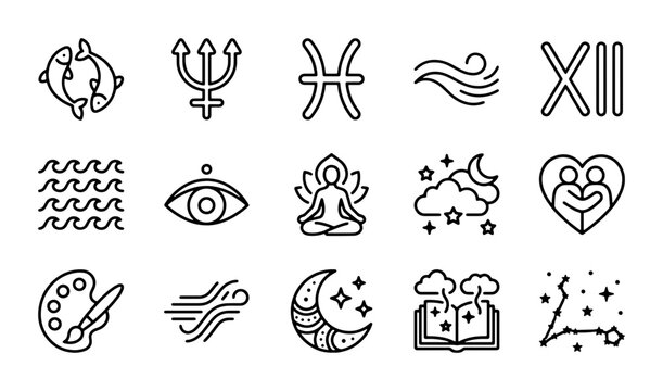 Astrology Zodiac Signs, Celestial Symbols, and Mystical Icons Set: 15 Vector Elements