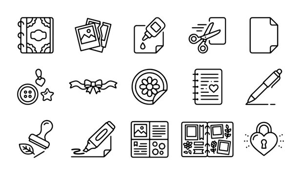 Scrapbooking Icons Set: Album, Photos, Glue, Scissors, Paper, Stamp, Pen, Sticker, Lock