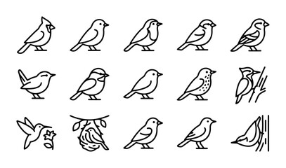 Minimalist Bird Icons Set, Simple Line Art Avian Collection, Vector Graphics for Nature Designs © Nabila