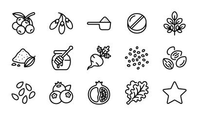 Superfood Icons: Cranberry, Soy, Powder, Pill, Moringa, Beet, Pomegranate, Kale, Star © Sumi
