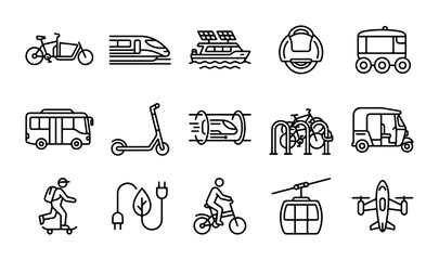 Modern Transportation Icons: Electric Vehicles, Public Transit, Personal Mobility, and Aviation Vector Set © Sumi