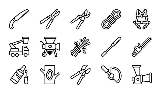 Gardening Tools Icons Set: Pruning Shears, Chainsaw, Chipper, Safety Harness, Saw, Rope