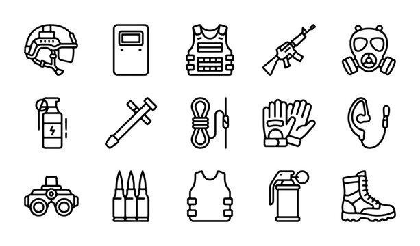 Tactical Gear Icons, Military Equipment Vector Set, Security Force Symbols, Police Riot Control Assets